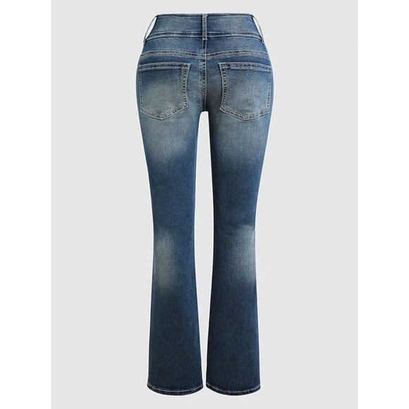 Women’s Ripped Wide Leg Jeans Low Rise Stretch Denim Plus Size Pants - Picture 8 of 9